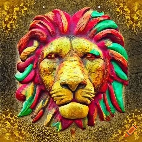 Red and green lion on a yellow waxed concrete background in abyssinian ...