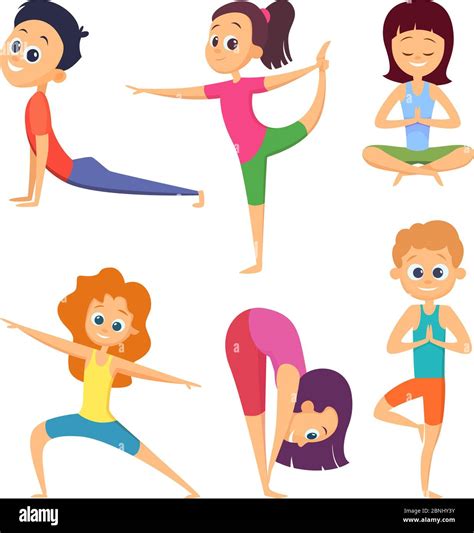 Yoga for kids. Happy childrens make different exercises. Cartoon ...