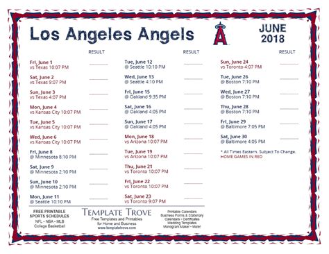 Printable 2018 Los Angeles Angels Schedule