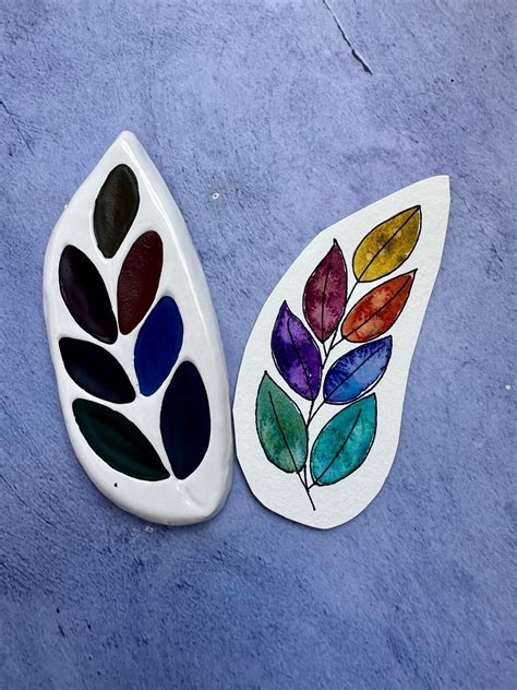 Ceramic Watercolor Sample Palette Leaf Hand Carved Palette With 7 Granulating Colors Sample Set ...