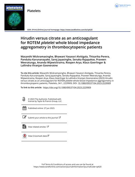 (PDF) Hirudin versus citrate as an anticoagulant for ROTEM platelet ...