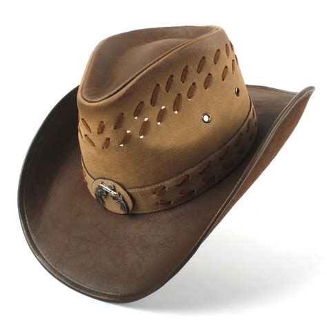 100% Leather Men Western Cowboy Hat For Dad Gentleman Sombrero Hombre Jazz Caps Size 58 59CM-in ...