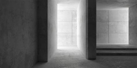 Abstract Empty, Modern Concrete Room with Central Separating Wall, Steps and Rough Floor ...