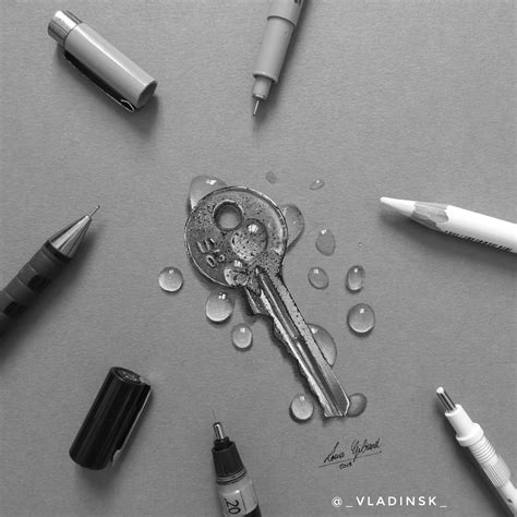 This was one of my first realistic drawings, a key with water drops : r/drawing