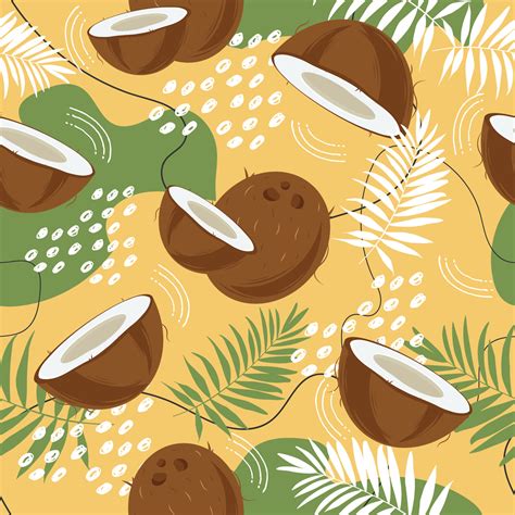 Seamless pattern with coconut, palm leaves and abstract elements. Half ...