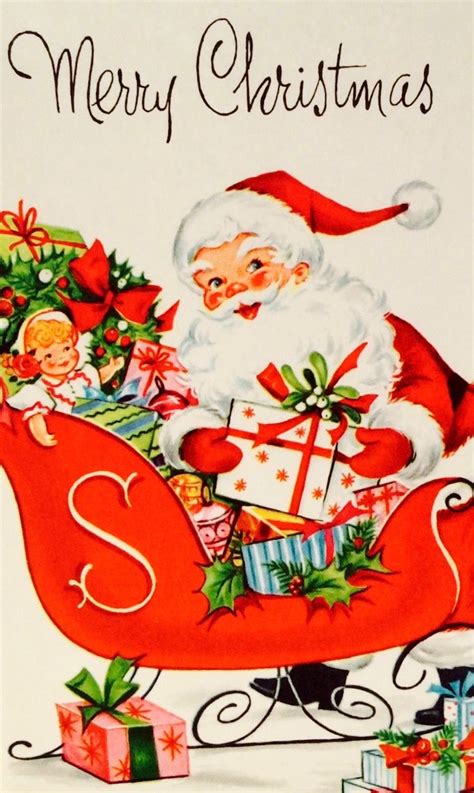 Retro Santa. Santa & Sleigh. Santa & Gifts. Merry Christmas. Vintage Christmas Card. Retro Chris ...