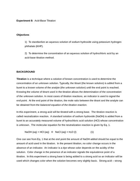 SOLUTION: CHM 113 Experiment 8 Acid Base Titration Lab Report - Studypool