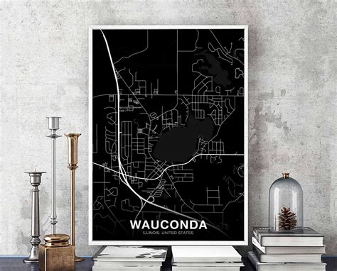 WAUCONDA Illinois IL usa map poster black white Hometown City Print Modern Home Decor Office ...