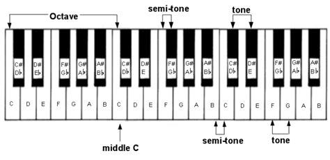 piano pics | Tones and semi-tones shown on a piano keyboard | Keyboard lessons