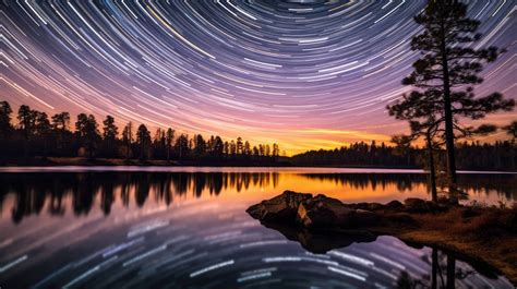 A pristine lake reflecting a night sky full of stars, long exposure photography, star trails ...