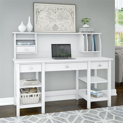 Bush Furniture Broadview 60W Desk with Storage Shelves and Small Hutch Organizer in White ...