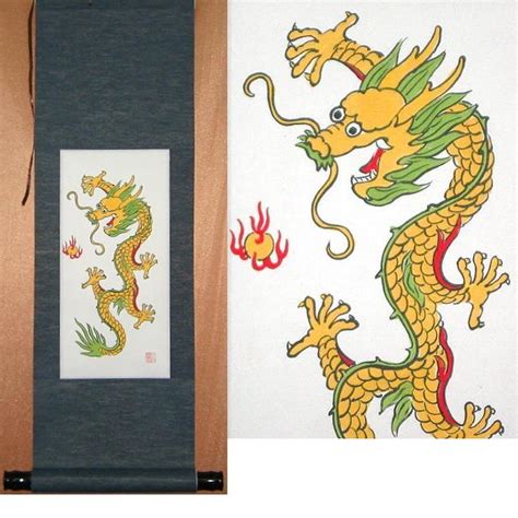 Chinese Yellow Dragon Painting Scroll Art