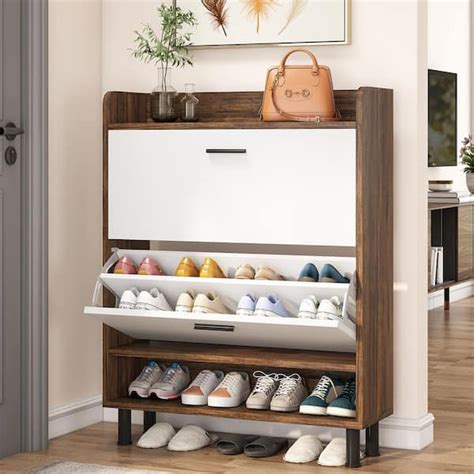 BYBLIGHT 31.5 in. W Brown Oak 24-Pairs Shoe Storage Cabinet, Free ...