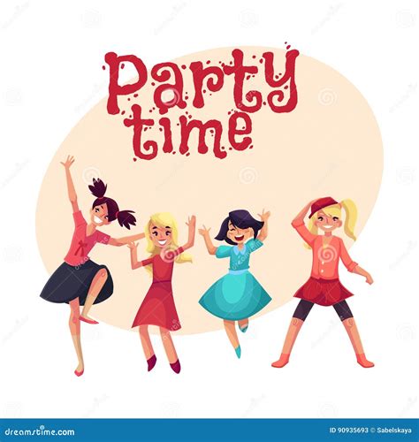 Four Girls in Colorful Clothes Having Fun, Dancing at Party Stock ...