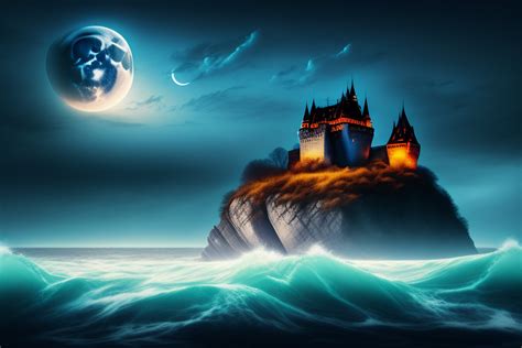 Lexica - Dracula's castle in the middle of the sea, apocalyptic sky with moon, the sea is worried