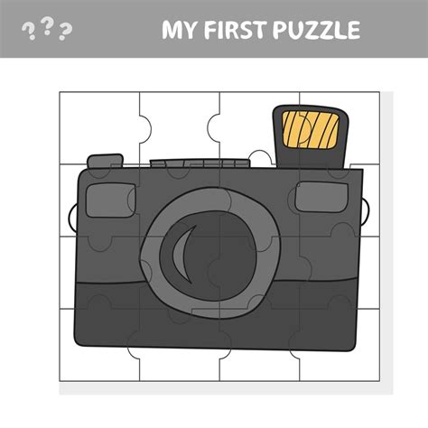 Camera with a lens. Education paper game for preshool children. Jigsaw ...