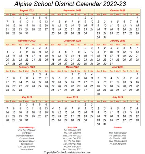 Alpine School District Calendar 2022-2023 With Holidays