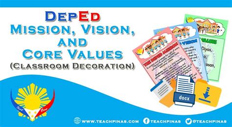 a poster with the words deped, mission, vision and core value classroom decoration