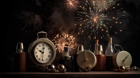 New Year Fireworks With Several Clocks And Objects Background, New Year Celebration Picture, New ...