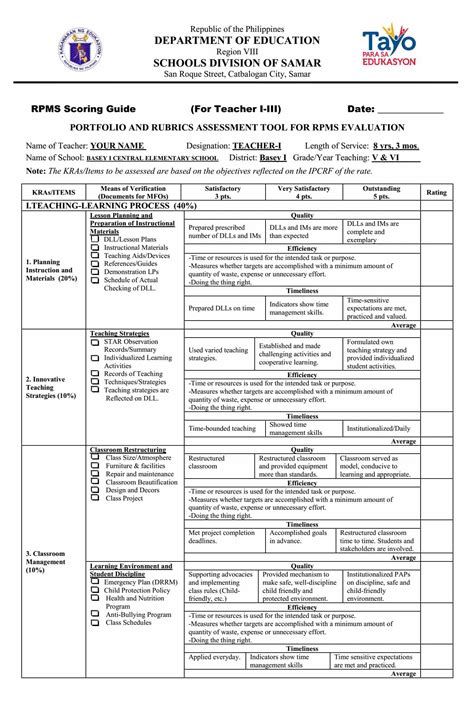 Portfolio and Rubrics Assessment Tool for RPMS Evaluation - TeacherPH