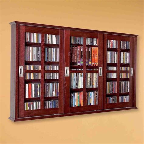 NEW DVD CD Media Storage Wall Cabinet Glass Doors Wood Finish Video ...