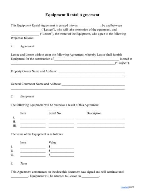 Simple Equipment Rental Agreement Template Word