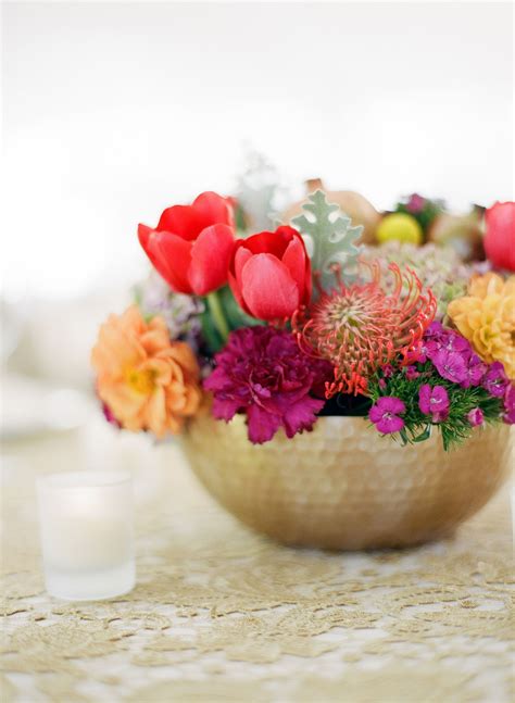 Flower-Filled Gold Bowl Centerpiece