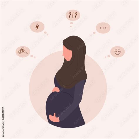 Vetor de Sad pregnant woman doubts. Anxious arab girl has many questions. Young mother needs ...