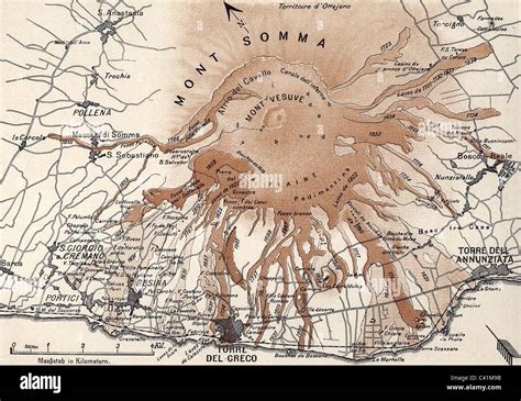 disasters, volcanos, Mount Vesuvius, map of lava flows in the year 1631, from: "Histoire ...