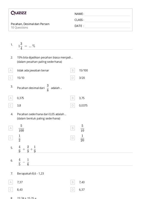 50+ lembar kerja Konversi Persen, Desimal, dan Pecahan untuk Kelas 5 di Quizizz | Gratis & Dapat ...