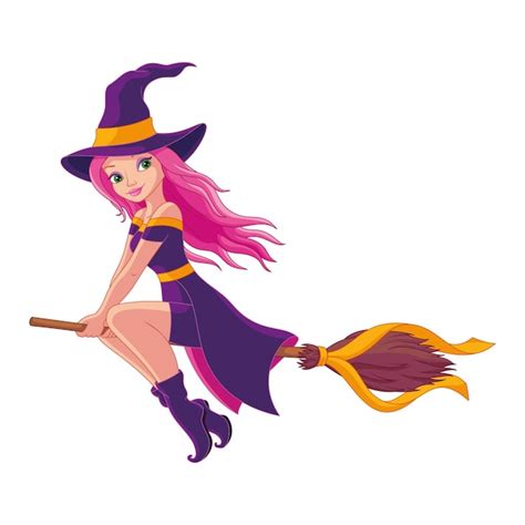 Premium Vector | Witch flying on broom. Cartoon vector illustration