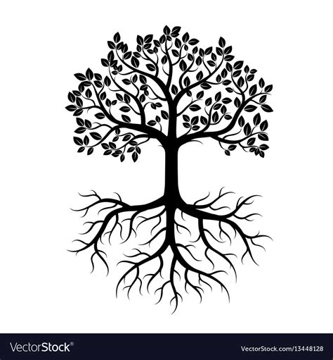 Black tree with leafs and roots Royalty Free Vector Image