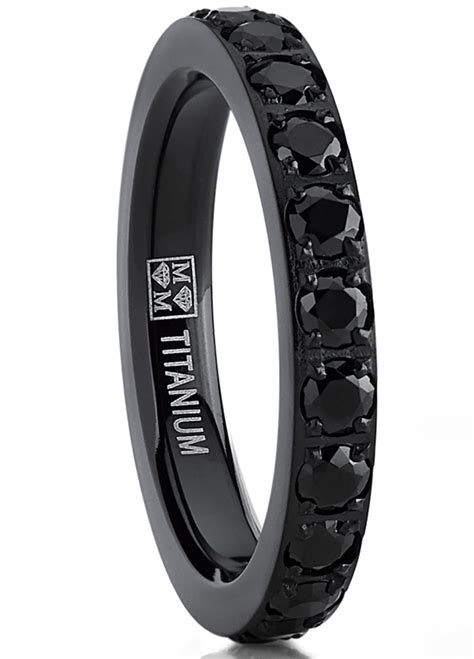 Women's 3MM Ladies Black Titanium Eternity Engagement Band Wedding Ring Black Pave Set Cubic ...