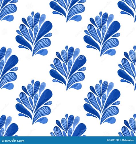 Watercolor Blue Floral Seamless Pattern with Leaves. Vector Background for Textile, Wallpaper ...