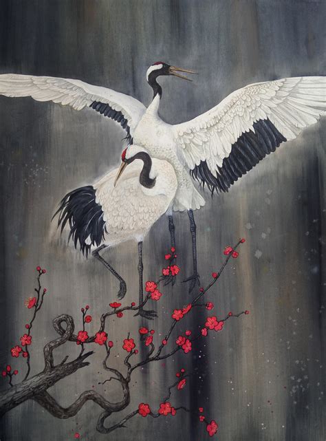 Couple Japanese Red Crowned Cranes and Plum Blossom, Watercolor, 22 x 30 inches : r/Art