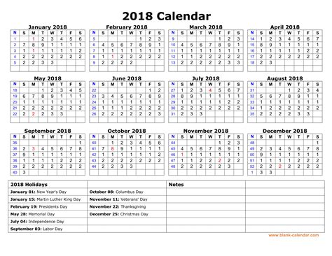 Free Download Printable Calendar 2018 with US Federal Holidays, one page, horizontal.