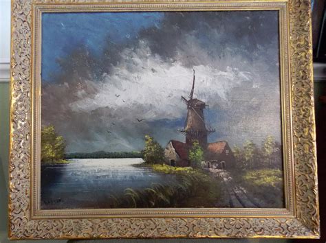 Old Original Oil Painting signed Raymond - Dutch Windmill 28" x 24 ...