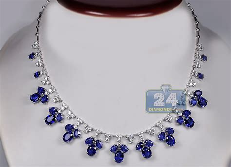 Womens Blue Sapphire Diamond Necklace 14K White Gold 29.74ct 17"