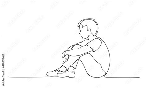 Sad young boy teenager sitting alone. One line drawing. Stock Vector ...