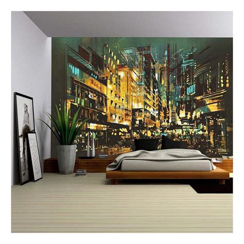 Wall26 Night Scene Cityscape,Abstract Art Painting - Removable Wall Mural | Self-adhesive Large ...