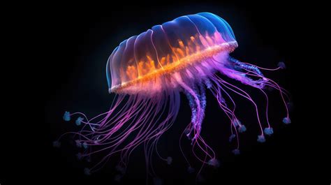 Bioluminescent jellyfish in the dark depths of the ocean, underwater photography, deep-sea ...