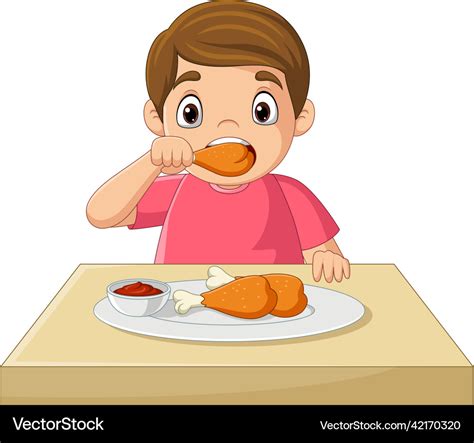 Cartoon little boy eating fried chicken Royalty Free Vector