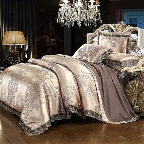 P&M noble baroque style flowers dark golden bedlinens 4pcs cotton silk jacquard Queen King Size ...