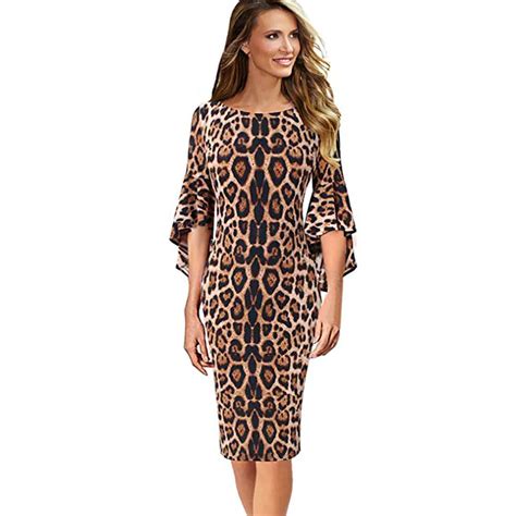 sexy leopard dress women lady Leopard Print half flare Sleeve Work Party bodycon dress super ...