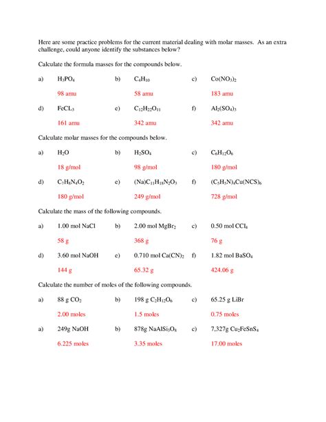 Molar Mass Worksheet Answer Key - Proworksheet.my.id