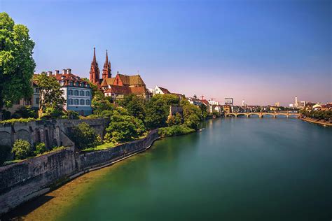 Old Town of Basel, Munster cathedral and the Rhine river in Switzerland ...