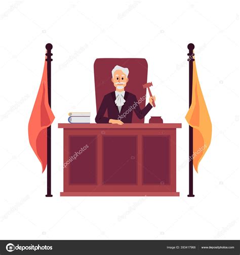 Cartoon judge man holding gavel sitting behind wooden bench desk with flags Stock Vector Image ...