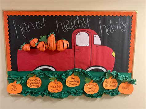 Harvest Healthy Habits RA bulletin board in 2023 | Halloween bulletin boards, Thanksgiving ...