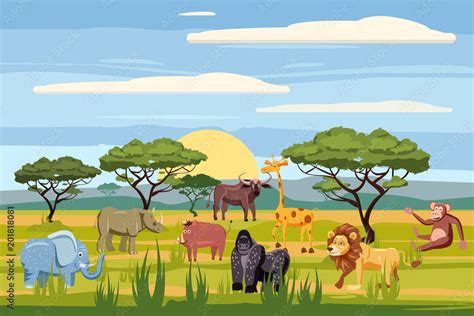 Set of cartoon african animals, background landscapes savanna. Safari ...