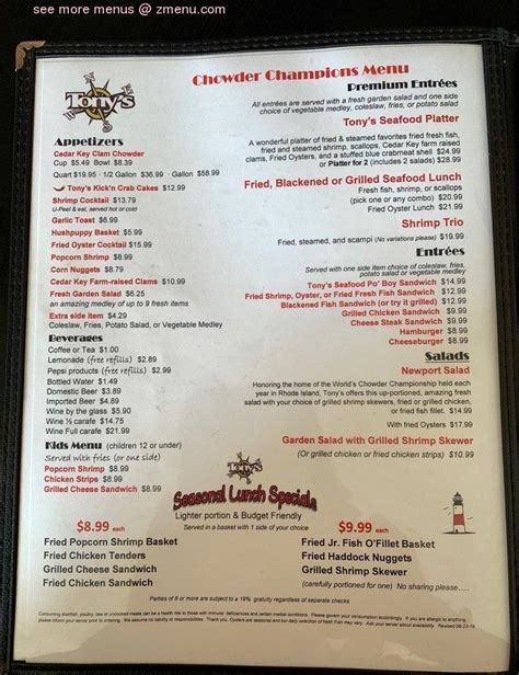 Menu at Tony's Restaurant, Cedar Key, 597 2nd St